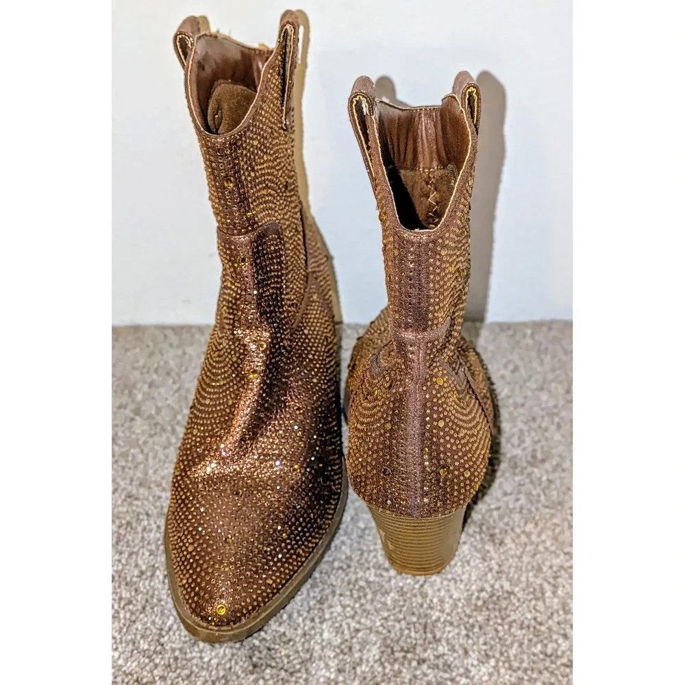 Forever Sparkly Rhinestone Western Boots Brown Block Heel Pointed Toe Size‎ 10